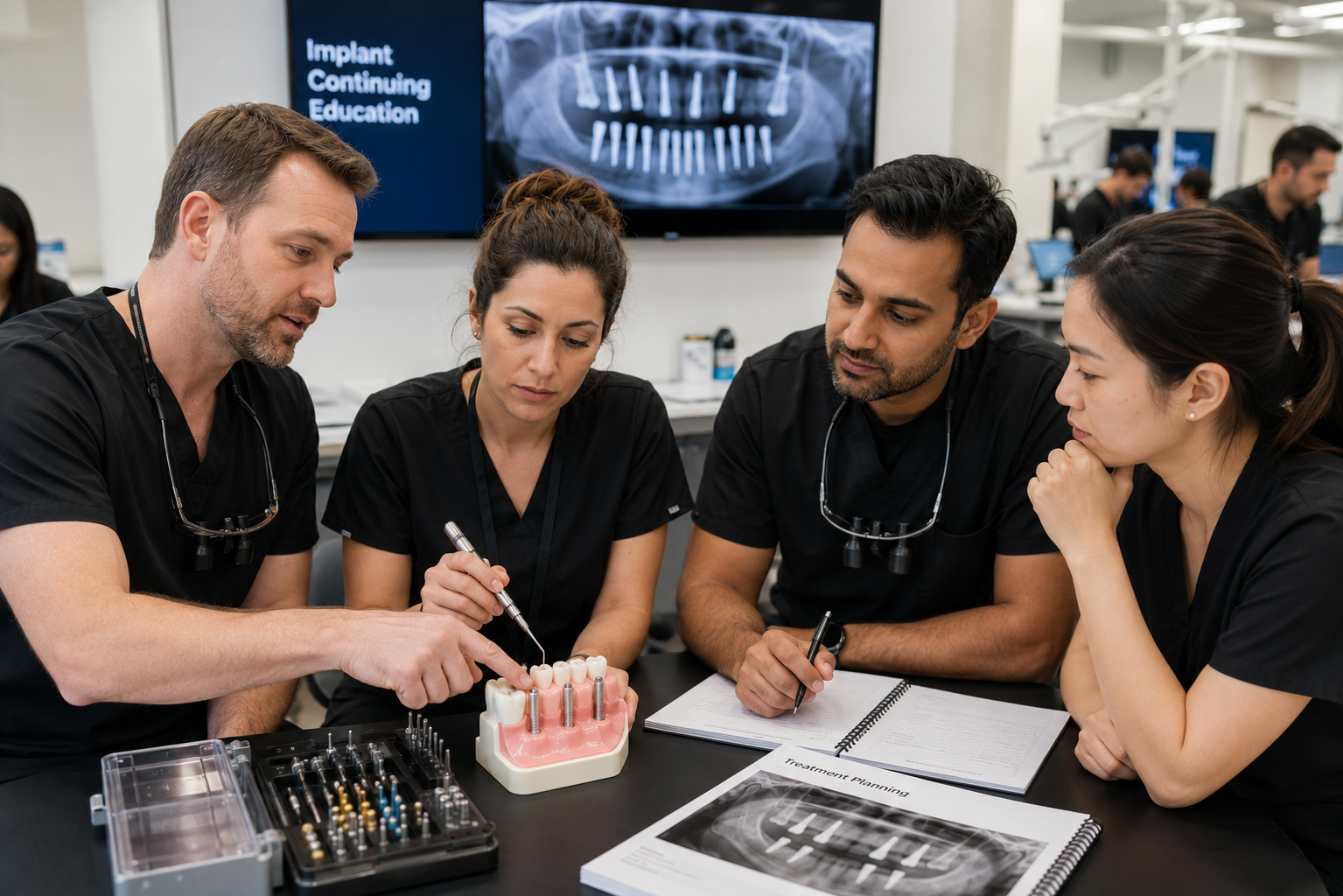 Dentists participating in hands-on dental implant continuing education and case-planning training.