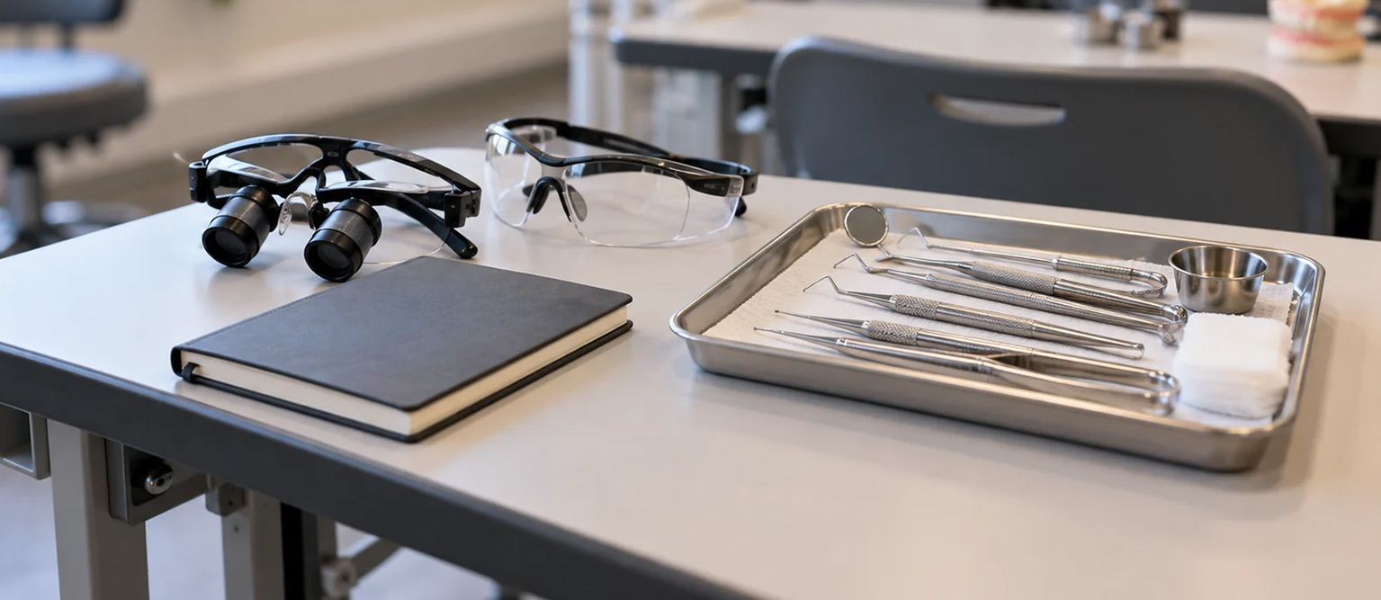 Dental loupes, protective glasses, a closed notebook and an instrument tray arranged on a training bench.